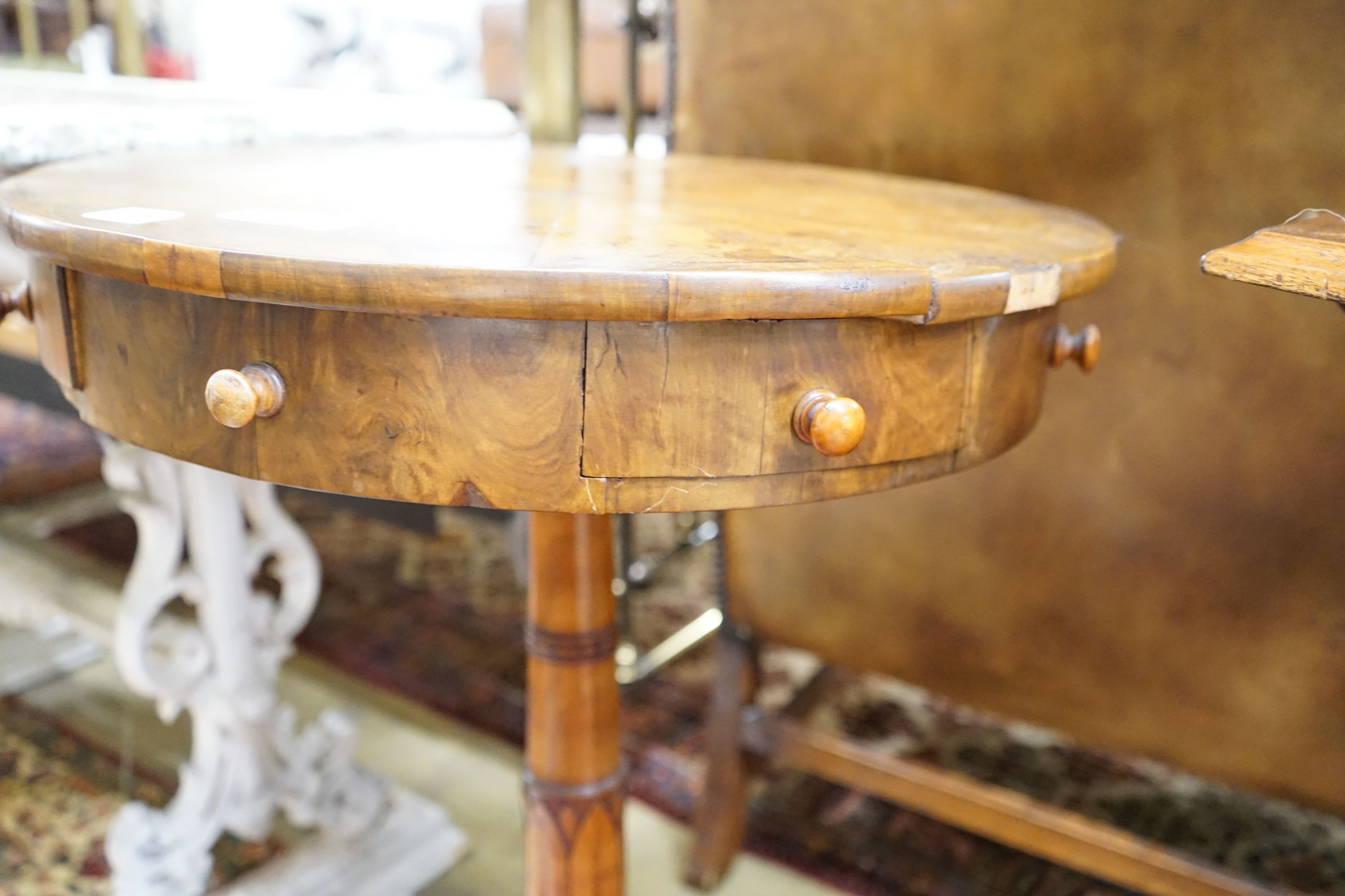 An early 19th century Maltese olive wood circular inlaid drum table, pedestal base, diameter 54cm, height 72cm